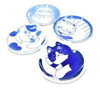 Product of Gifu Japan Mino Ware Japanese Mini Side Condiment Plate, Sushi Soy Sauce Fruit Cake, NEKOCHIGURA Cat Design, 3.9 inch, 4 Pattern Set