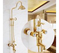 Product Title: European Gold Shower Faucet Set with Porcelain Decoration | Wall-Mounted Complete Shower System with Rain Shower Head & Handheld Spray, Vintage Bathroom Shower Kit for Bath Tub