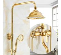 Product Title: European Gold Shower Faucet Set with Porcelain Decoration | Wall-Mounted Complete Shower System with Rain Shower Head & Handheld Spray, Vintage Bathroom Shower Kit for Bath Tub
