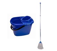 Professional 14L Mop Bucket and Wringer Set Heavy Duty Red- 2 Mops - Aluminium Handle - Blue Bucket