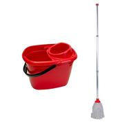 Professional 14L Mop Bucket and Wringer Set Heavy Duty Red- 2 Mops - Aluminium Handle - Red Bucket