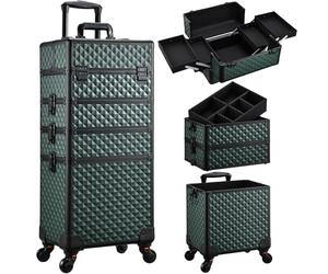 Professional 4-in-1 Large Makeup Trolley Beauty Cosmetics Vanity Organizer Rolling Make up Train Case Hairdressing Storage Box with Universal Wheels and Key Locks 4 Tiers (Dark Green)