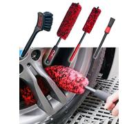Professional 4 Pack Long Handle Wheel Brush Kit for Cleaning Wheel and Tire- 2X Soft Wheel Woolies Cleaning Brush, Detailing Brush and Stiff Tire Brush, Bendable& Durable Wheel Rim Cleaner Brush Set