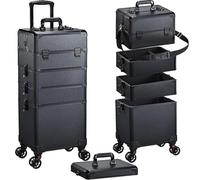 Professional 5-in-1 Vanity Case Large Makeup Case Makeup Trolley on Wheels Beauty Lockable Make Up Box Organiser Storage Hairdressing Trolley on Wheels, Black