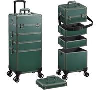 Professional 5-in-1 Vanity Case Large Makeup Case Makeup Trolley on Wheels Beauty Lockable Make Up Box Organiser Storage Hairdressing Trolley on Wheels, Green