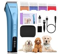 Professional Animal Dog and Horse Cordless Hair Clipper Grooming Kit with 5 in 1 Blade Low Noise & High Power Rechargeable Cordless Pet Grooming Clipper for for Thick Heavy Coats (Blue)