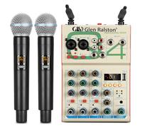 Professional Audio Mixer, 4 Channel DJ Mixer With Dual UHF Wireless Microphone, MP3 Bluetooth 48V Phantom USB use for Live broadcast performance sing Home Karaoke Party Studio Recording