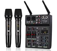 Professional Audio Mixer With Dual Wireless Microphone, Sound Board Console System Interface 4 Channel Dj Mixer USB Bluetooth MP3 Computer Input 48V Phantom Power, Suitable for DJ Karaoke PC Guitar