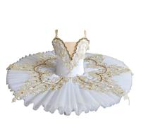 Professional Ballet Tutu for Girl, Swan Lace Embroidery Gymnastic Leotard Pancake Tutu Costume Figure Skating Dancewear Ballerina Outfit,White,150