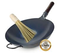 Professional Blue Carbon Steel Wok Hand Hammered - 36 cm - Round Bottom - Pre-seasoned - Wood and Steel Handle - Bamboo Wok Brush Included - Professional Quality - KAAMUT