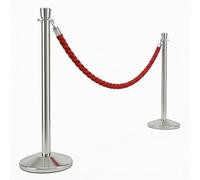 Professional Braided Rope Barrier & Stanchion Set - Heavy Duty Queue Barriers with 1m Stainless Steel Posts and Concrete Base - 1.5m Durable Rope (Red Rope)