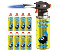 Professional Catering Butane Gas Blow Torch Head - BBQ Tool Perfect for Cooking or Camping - Auto Ignition with Adjustable Flame Control Lightweight and Easy to Use (Torch Head + 8 Canisters)