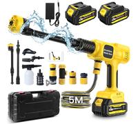 Professional Cordless High Pressure Washer Portable with 2 x 4000mAh Batteries,Jet Hawk - Max 28 Bar with 6 in 1 Spray Nozzles, 5m Hose, Soap