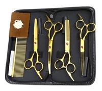 Professional Dog Grooming Scissors Set, Straight, Upward Curved, Downward Curved, Thinning/Blending Shears for Dog, Cat and Pets, Stainless Steel(Gold)