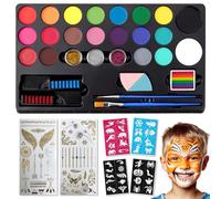 Professional Face Painting Kit - 23 Colours Matte Makeup, 3 Glitters, Hair Chalks, Brushes, Sponges & 32 Stencils for Kids & Adults, Halloween, Cosplay, Body and face Makeup Set