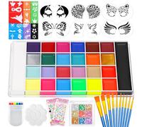 Professional Face Painting Kit, 26 Colors Oil Palette Face Paint with 6 Stencils, 41 Stencil Stickers, 10 Brushes, 9 Body Glitter, 2 Sheets Adhesive Gems, Rainbow Facepaint for Kids Party & Halloween