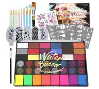 Professional Face Painting Kit for Kids, 42 Color Water Activated Facepaint Makeup Kit, face Paint with Stencils, Gems, Brushes- for Halloween, Parties, Carnival, School Event & Festivals