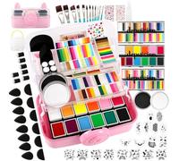 Professional Face Painting kit for Kids Adult Face Painter, 110 Colors Depvision Split Cake Face Paint 96 pcs Set Non-Toxic Washable & Safe with Brushes Sponges Glitter Stencils for Halloween Xmas