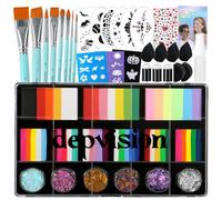 Professional Face Painting Kit for Kids & Adults, Split Cake Face Paint Palette with Glitter Gel One Stroke Non Toxic with Stencils, Brushes, Sponges for Halloween, Christmas, Parties