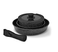 Professional Grade 5-Piece Pot and Pan Set, Non-Stick Coating with Removable Handles for Camping, Works on All Hob Types Including Induction, Stackable Black