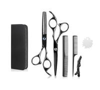 Professional Hair Cutting Scissors Set 6pcs - Barber Shears Kit with Thinning Scissors, Combs, Hair Clip & Storage Case, Stainless Steel Hairdressing Tools for Salon & Home Use (Black)