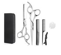 Professional Hair Cutting Scissors Set 6pcs - Barber Shears Kit with Thinning Scissors, Combs, Hair Clip & Storage Case, Stainless Steel Hairdressing Tools for Salon & Home Use (Chrome)