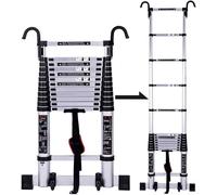 Professional Heavy Duty Telescoping Ladder with Stabilizer Bar & Hooks - Aluminum Extension Ladder for Home Construction & Outdoor Use
