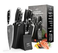 Professional Japanese Style Damascus Steel Kitchen Knife Set 9 Pieces with Wooden Block Includes Chef Knife, Bread Knife, Santoku Knife, Utility and Paring, All in a Gift Box Black