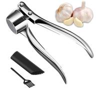 Professional Kitchen Garlic Press, Peeler Squeezer Heavy Duty Garlic Presser, Kitchen Premium Garlic Press Set, Stainless Steel Garlic Press Crusher, Easy to Clean, with Garlic Peeler & Brush