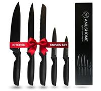 Professional Kitchen Knife Set for Cooking, 5pcs Stainless Steel Blade Sharp Kitchen Knives Set with Ergonomic Handle, Chef Knife, Utility & Paring with Non Stick Coating & Dishwasher Safe, Black
