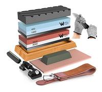 Professional Knife Sharpeners kit - 400/1000 3000/8000 Grit Whetstone Knife Sharpener Set with Non-Slip Rubber Base, Angle Guide, Flattening, Leather Strop and Cut Resistant Gloves