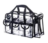 Professional Large Clear PVC Travel Bag with 6 Exterior Pockets and Strap, Black, Professional Makeup Bag