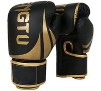 Professional Leather Boxing Gloves for Teens, PU Gym Gloves with Cushioned Foam, Elastic Training Gloves, Black Gold Sports Gear, 8 oz, Fits 5.5 to 6.7 in Hand Length