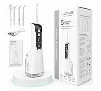 Professional LuxeCare Luxe Water Floss Portable Oral Irrigator | 5 Cleaning Modes | 360° Rotating 4 Extra Nozzles | USB Rechargeable Water Flosser | Deep Teeth & Gum for Men&Women (White)