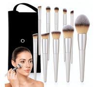 Professional Makeup Brush Set with Case - 10 PCS Sleek Silver Professional Makeup Brushes Kit for Foundation, Powder, Blush, Eyeshadow & Concealer - Travel Brush Set with Bag