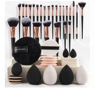 Professional Makeup Brush Tools Set, Cosmetic Brush Sponge, Puff, Headband, Brush Cleaning Bow Set, Facial Makeup, Cleaning Accessories, Makeup Products, Valentine Day Item (Black, 45 PCS)