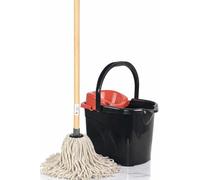Professional Mop Cleaning Kit - Heavy Duty Mop Bucket 15L with Wringer & Pouring Lip, Traditional Cotton Mop Head and Strong Wooden Handle 120cm for Cleaning Floors (Red)