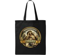 Professional Observer with Binoculars and Camera Natural Cotton Tote Bag Black