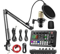 Professional Podcast Recording Studio Bundle, Audio Interface Bm800 Condenser Microphone Kit with Dj Mixer Effects & Voice Changer, for Live Streaming Gaming Pc Laptop F998 + Bm800 Mic Cantilever Set