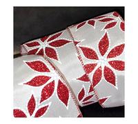 Professional Quality Wired Wire Edge Christmas Ribbon 2.5" Wreath Tree Tinsel Bow UK Stockist Over 30 Designs (Red Glittery Poinsettia on White Satin, 5m)