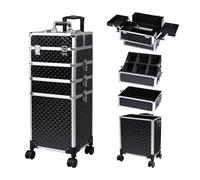 Professional Rolling Makeup Case, Cosmetology Case on Wheels 4 in 1 Large Cosmetic Train Case, Ideal Gift for Hairstylist, Nail Techs, Portable Beauty Organizer for Travel or Salon Use