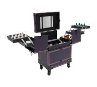 Professional Rolling Makeup Case Trolley Large Lockable Vanity Cosmetic Organiser Box on Wheels with Mirror, 7 Compartments & Telescoping Handle Travel Storage Trunk for Beauty Salons (Purple)