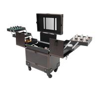 Professional Rolling Makeup Case Trolley Large Lockable Vanity Cosmetic Organiser Box on Wheels with Mirror, 7 Compartments & Telescoping Handle Travel Storage Trunk for Beauty Salons (Coffee)