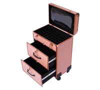 Professional Rolling Makeup Case with Lock, 3-Layer Gold Cosmetic Trolley with Wheels & Telescopic Handle, Large Capacity Makeup Box Organizer for Mobile Nail, Hair & Beauty Technicians
