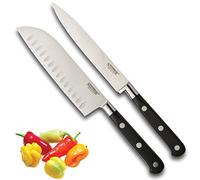 Professional Sabatier Knife Set 2 Piece - 13cm/5” Santoku & Utility Knives. Full Tang Blade. High Grade, Taper Ground Carbon Steel. Sharper for Longer. Triple Rivet Handles. by Taylors Eye Witness.