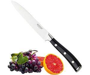 Professional Sabatier Serrated Utility Knife - 5in/12cm Full Tang Blade Forged from Chrome-Molybdenum-Vanadium Stainless Steel. Carbon Black Triple Rivet Handle. 25-Year Guarantee. Dishwasher Safe.