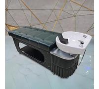 Professional Salon Shampoo Bed Massage Table with Green Retro Stripes Design, Head Spa Equipment Includes Sturdy Ceramic Basin, Open Storage Space, Comfortable Headrest