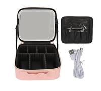 Professional Travel Vanity Cosmetic Train Case, Travel Makeup Case with Large Lighted Mirror, 3 Colors LED Brightness Portable Cosmetic Train Case, Brightness Makeup Bag Organizer for Women, Pink