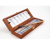 Professional Watercolor Paint Set - 24 Half Pan Highly Pigmented Transparent Water Color Paints with #4 Synthetic Watercolor Brush, Mixing Palette & Wooden Box - Artist Quality Travel Watercolor Kit