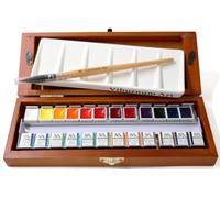 Professional Watercolor Paint Set - 24 Half Pan Highly Pigmented Transparent Water Color Paints with #4 Synthetic Watercolor Brush, Mixing Palette & Wooden Box - Artist Quality Travel Watercolor Kit